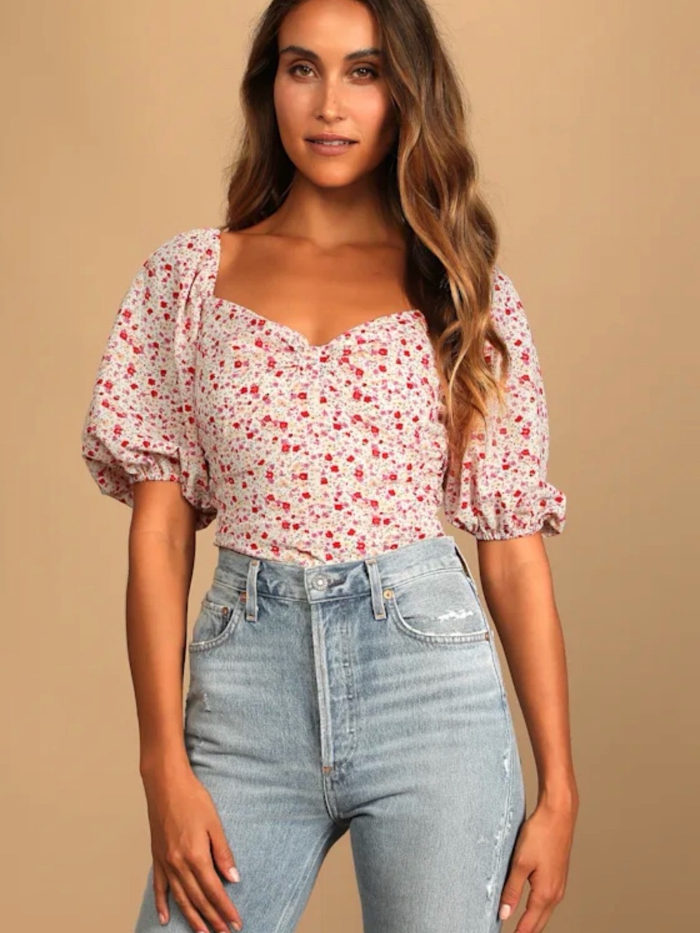 Lulu’s | Ivory Floral Print Puff Sleeved Bodysuit